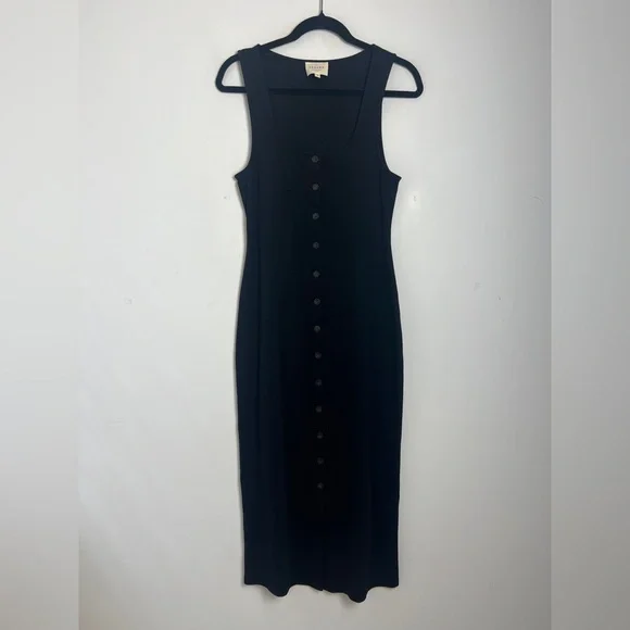 Sezane Size XL Black Fabiola Sleeveless Cotton Ribbed Button Front Midi Dress - Picture 2 of 13